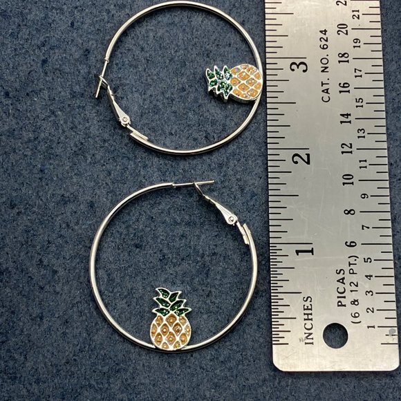 Hoop Pierced Earrings Silver Pineapple Lg Green Yellow Enamel Iridescent Sparkle - Picture 4 of 4